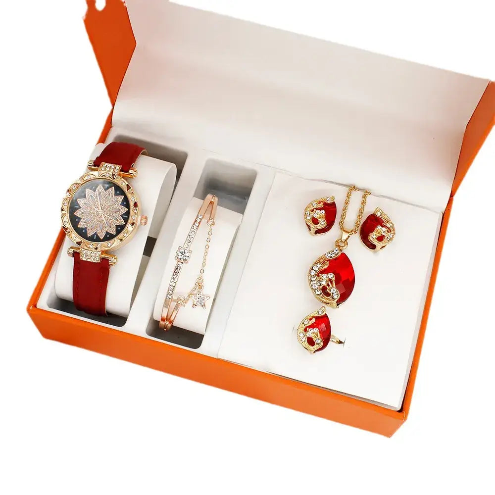 Women's Red Crystal Watch & Jewelry Set