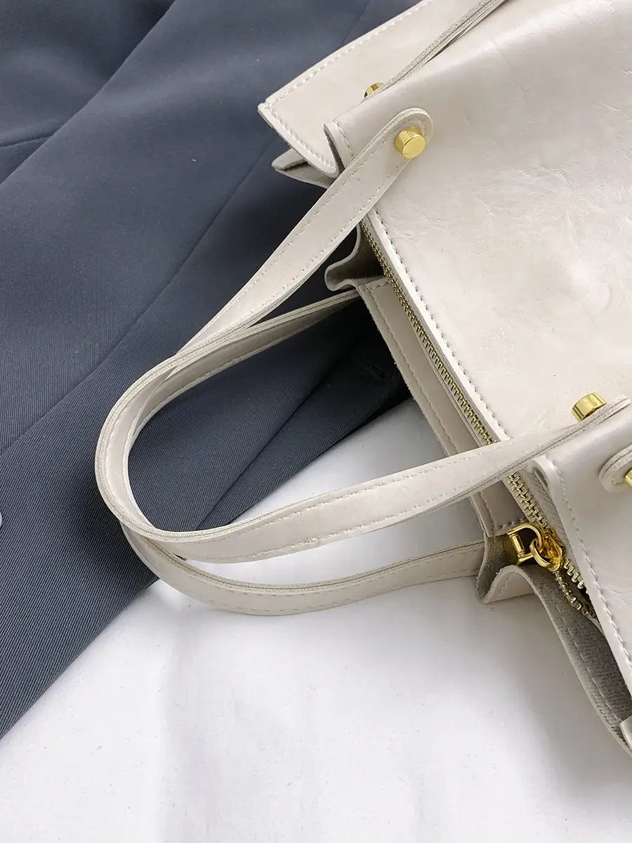 Women's White Leather Retro Tote Bag 2024 Winter