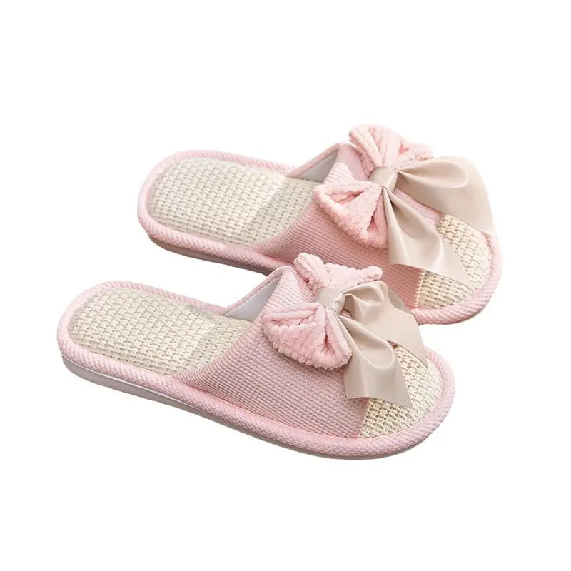 Nest Nest Good Bow Linen Slippers Women's New Four Seasons Home Indoor Floor Non-slip Cotton Linen Slippers