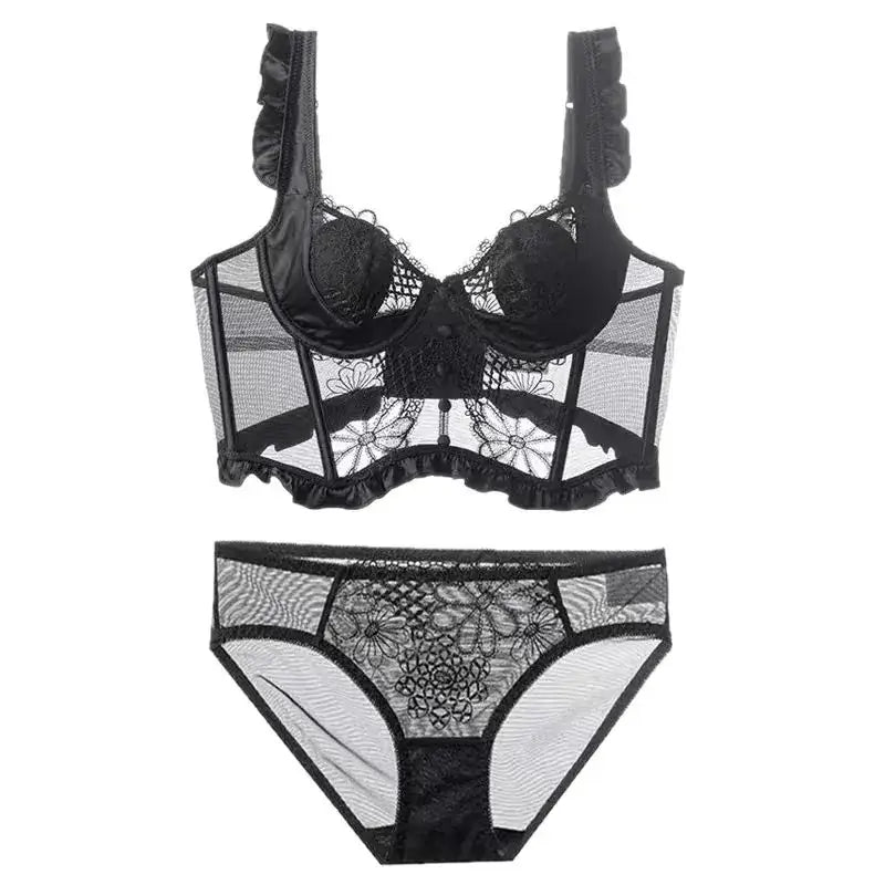 Black Lace French Waistcoat Bra Set for Women