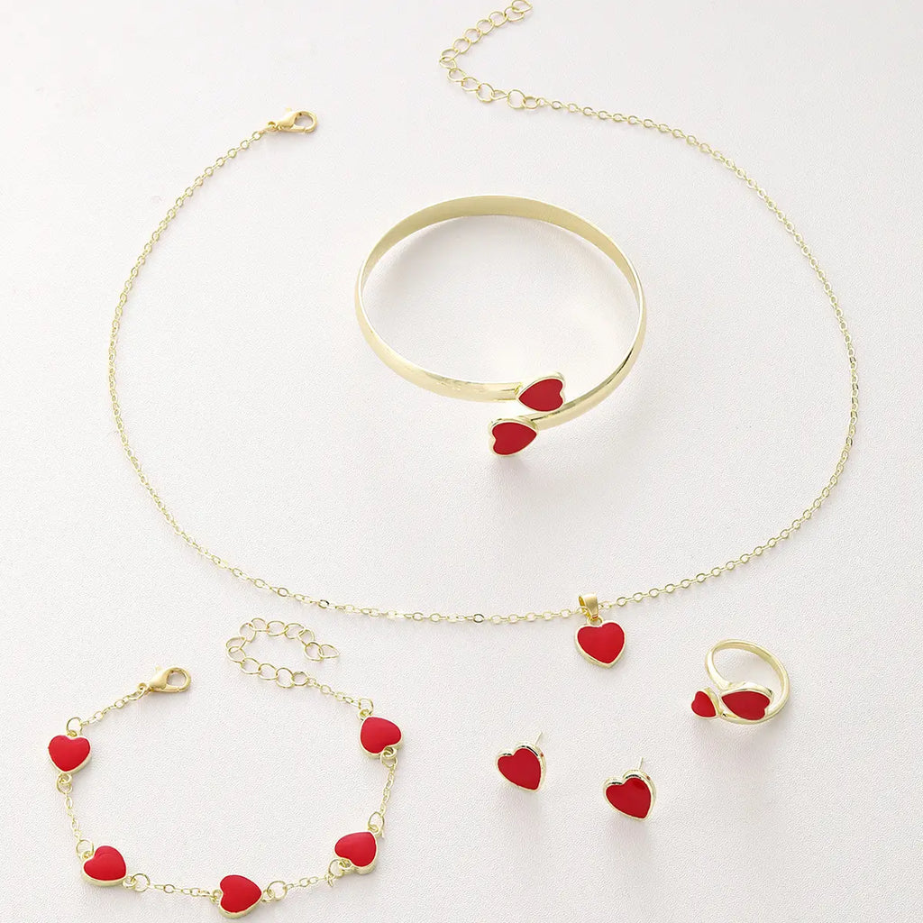 Red Heart Bracelet Earrings Necklace Set Gold Plated