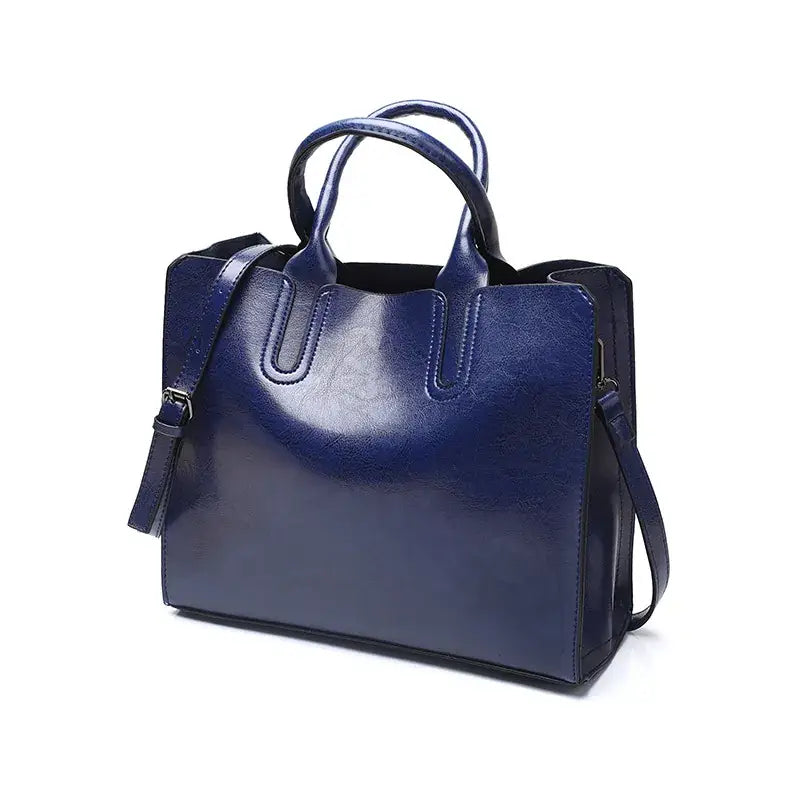 Blue Leather Shoulder Bag for Women Retro Style
