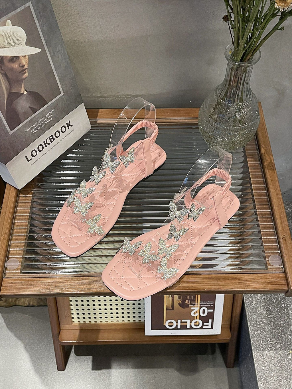 Sandals for Women, Classic Style for Summer Wear, with Flat Heels, French Style, Perfect for Summer, Versatile, Flat Bottom, Rhinestones
