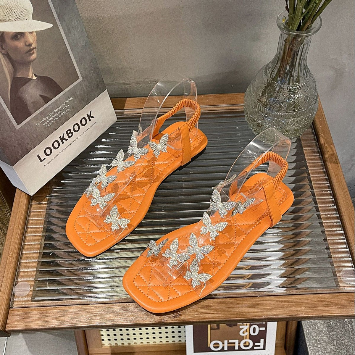 Sandals for Women, Classic Style for Summer Wear, with Flat Heels, French Style, Perfect for Summer, Versatile, Flat Bottom, Rhinestones
