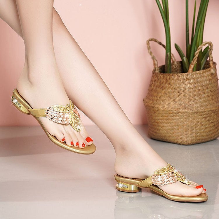 Rhinestone Slippers Women's Summer New Style Outer Wear Flat Bohemian Beach Shoes Seaside Holiday Clip Sandals Women's Half Shoe