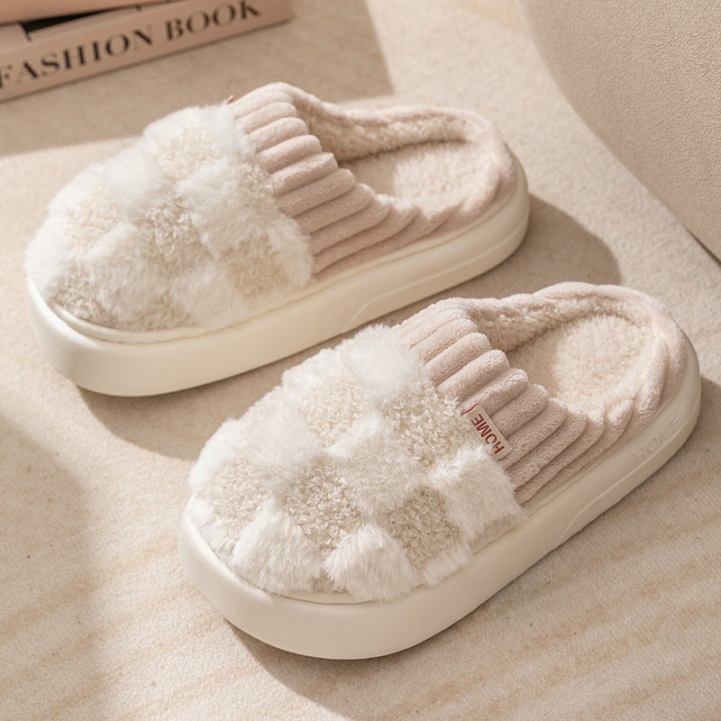 Plush Cotton Slippers for Women's Home Cotton Slippers Autumn and Winter Indoor Household Non-Slip Couple Slippers Men's Confinement Shoes Toe-Toe Shoes