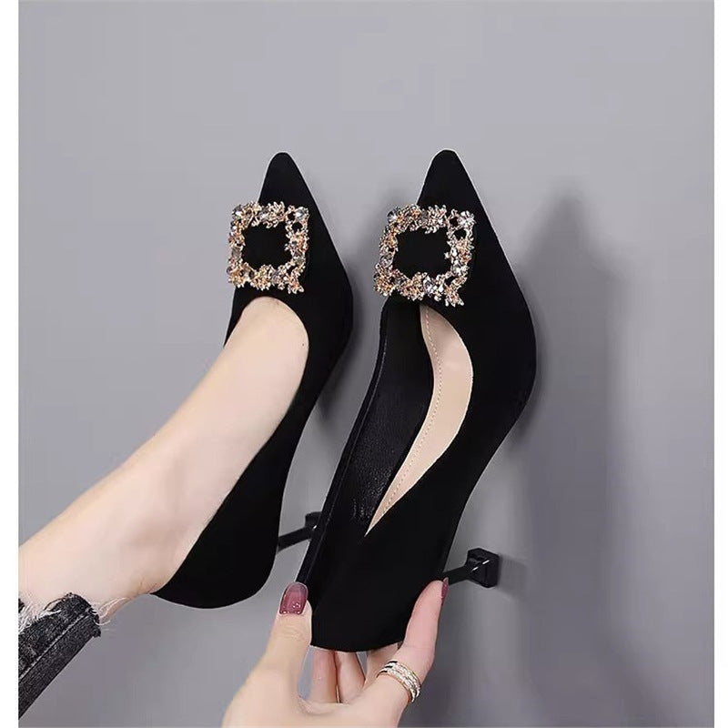 New Black Versatile Wine Glass and Elegant Professional High Heels Women's Stiletto Pointed Toe French Work Shoes Work Shoes