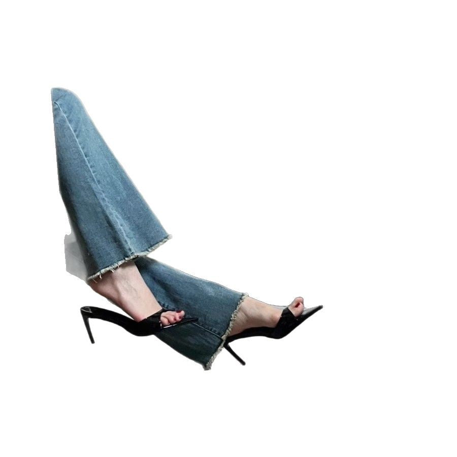 Elegant ~ Nude Patent Leather High Heels Pointed Toe Sexy Stiletto Slippers Women's Summer Open Toe Sandals