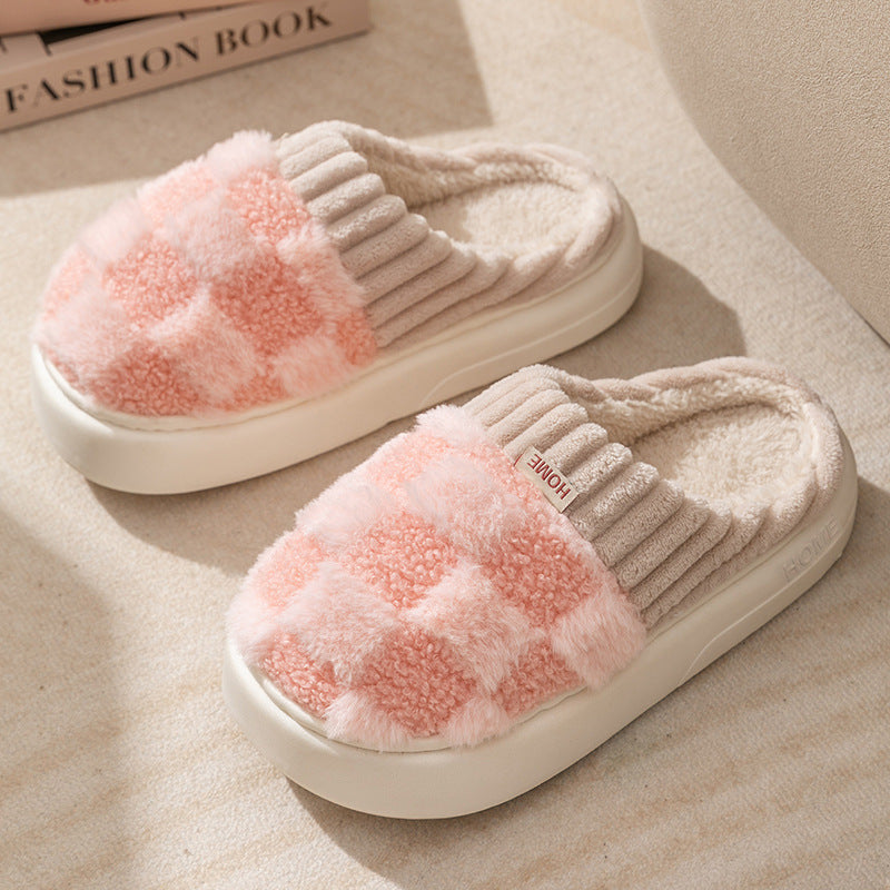 Plush Cotton Slippers for Women's Home Cotton Slippers Autumn and Winter Indoor Household Non-Slip Couple Slippers Men's Confinement Shoes Toe-Toe Shoes