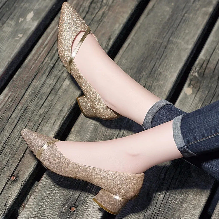 2025 Autumn New Women's Shallow Mouth Single Shoes Versatile Small Leather Shoes Korean Style Chunky Mid-Heel Slip-On Women's Shoes
