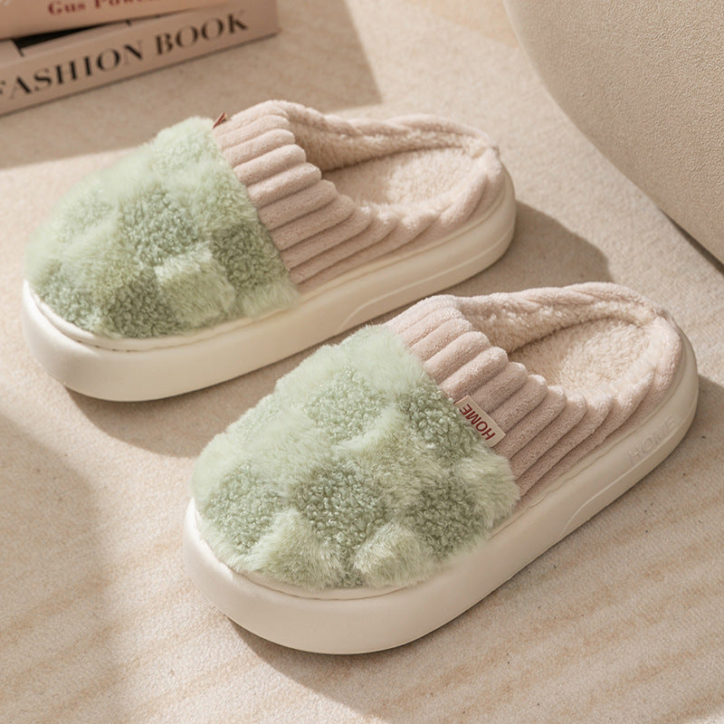 Plush Cotton Slippers for Women's Home Cotton Slippers Autumn and Winter Indoor Household Non-Slip Couple Slippers Men's Confinement Shoes Toe-Toe Shoes