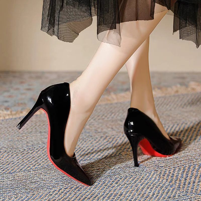 Black Red-Soled High-Heeled Shoes That Are Comfortable on the Feet, Stiletto Heels, 2026 Spring and Autumn New Patent Leather Pointed-Toe Sexy Socialite Professional Shoes