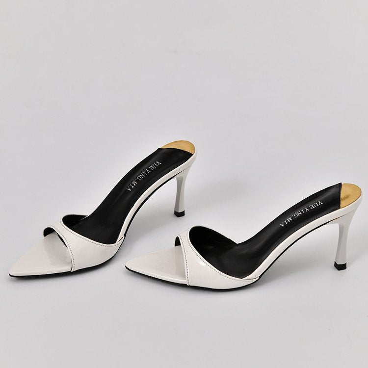 Elegant ~ Nude Patent Leather High Heels Pointed Toe Sexy Stiletto Slippers Women's Summer Open Toe Sandals