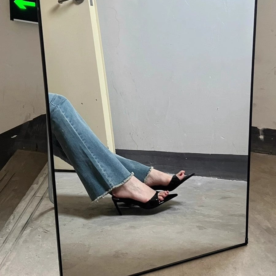 Elegant ~ Nude Patent Leather High Heels Pointed Toe Sexy Stiletto Slippers Women's Summer Open Toe Sandals