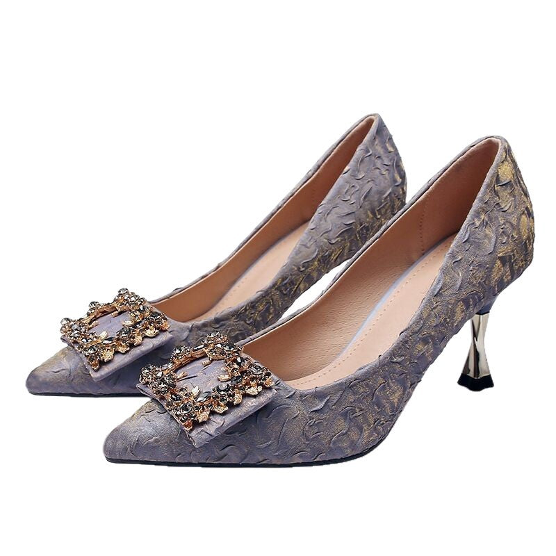 Chanel-Style Korean Version Rhinestone Square Buckle High Heels Stiletto 2026 Spring and Autumn New Pointed Toe Elegant Professional Women's Shoes