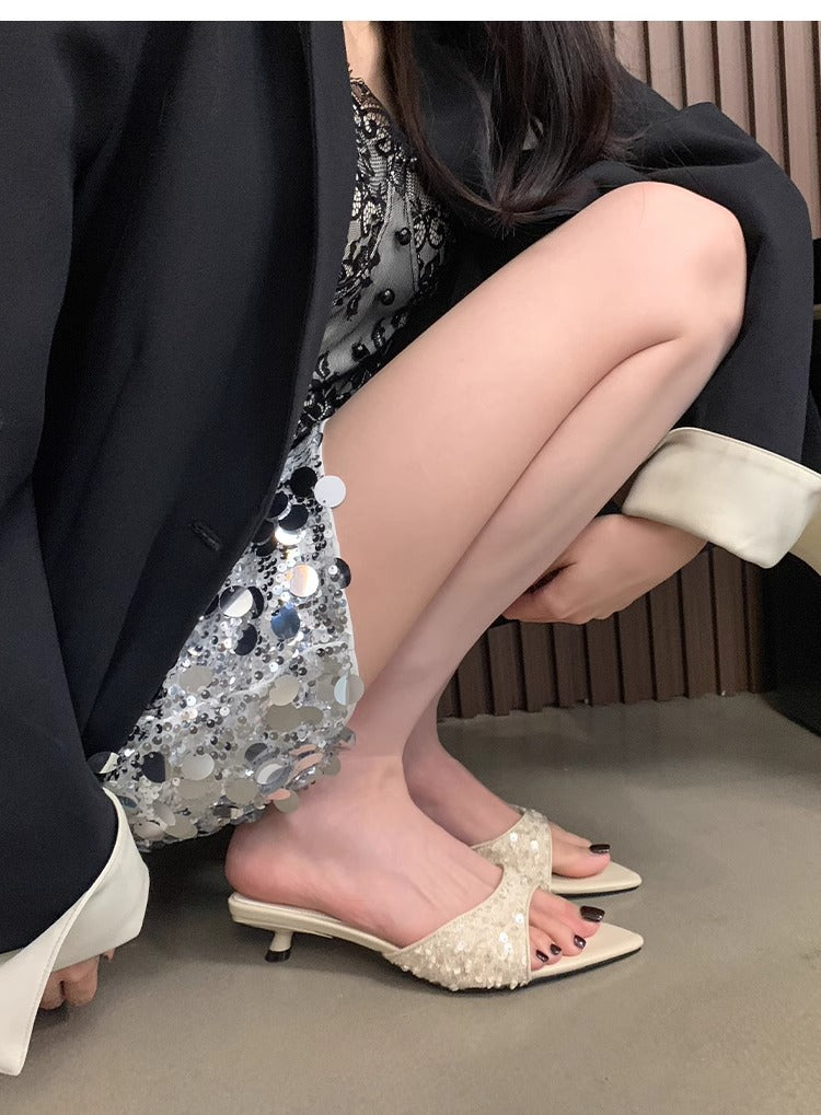 New Kitten Heel High Heels, Sequined Sandals and Slippers with Skirts, French Style Slippers for Women to Wear Outside in Summer