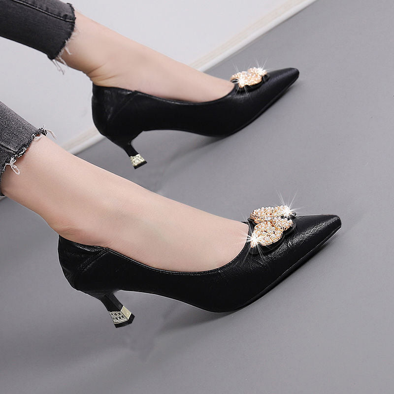 Cross-Border Two-Way Wear High Heels for Women, Stiletto Heels, 2026 Spring and Autumn New Style, Mid-Heel Single Shoes for Women, Shallow Mouth, Comfortable for Feet, Work Leather Shoes