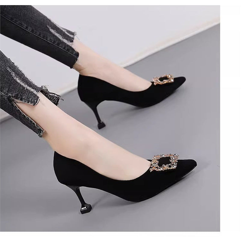 New Black Versatile Wine Glass and Elegant Professional High Heels Women's Stiletto Pointed Toe French Work Shoes Work Shoes