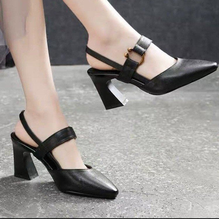 Summer new back empty sandals women's casual square horseshoe heel thick heel high heel fashion casual leather women's shoes wholesale