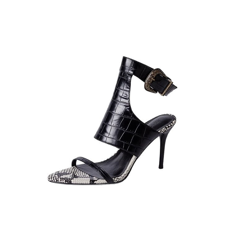 European and American Fashion Black Elegant High Heels Sexy Goddess Style with Skirt Fashion Shoes Pointed Toe Stiletto Open Toe Sandals
