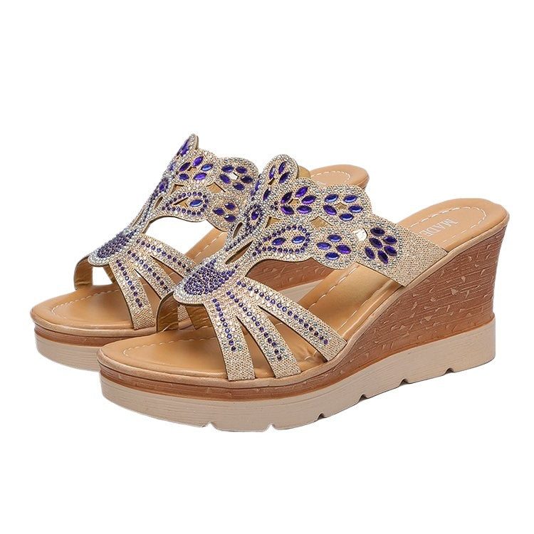 Summer New Style Rhinestone High Heel Wedge Sandals for Women Platform Thick Sole Slippers Wedge Heel Large Size Sandals Wholesale