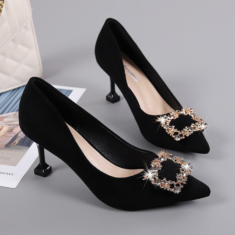 New Black Versatile Wine Glass and Elegant Professional High Heels Women's Stiletto Pointed Toe French Work Shoes Work Shoes