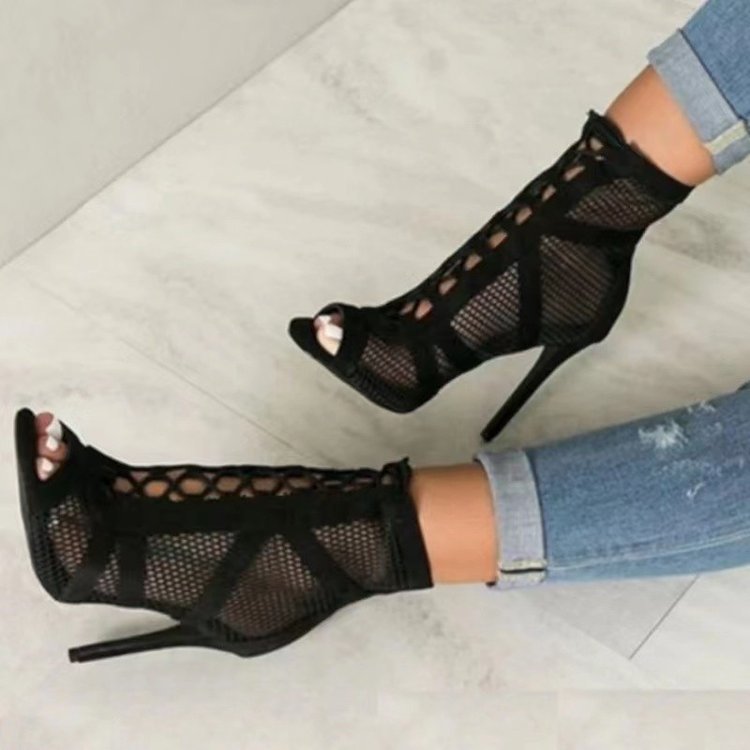 Europe and the United States cross-border mesh sandals new fashion cross strap high heel sandals women's plus size fish mouth sandals wholesale