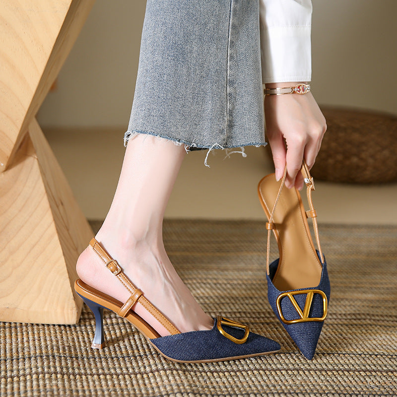 2024 New Summer High Heels Women's Stiletto Heel Pointed Toe Sandals V Buckle Back Empty French Sandals