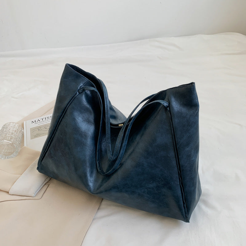 Solid color bag for women 2023 autumn new European and American Retro Fashion Tote Bag glossy large capacity commuter shoulder bag