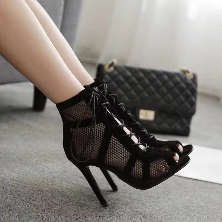 Europe and the United States cross-border mesh sandals new fashion cross strap high heel sandals women's plus size fish mouth sandals wholesale