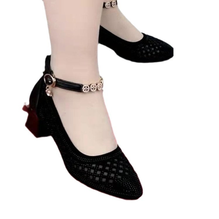 Hollow Mesh Breathable Sandals Women's 2025 Summer New Pointed Middle-aged Mother Shoes Mid-heel Square Dance Shoes