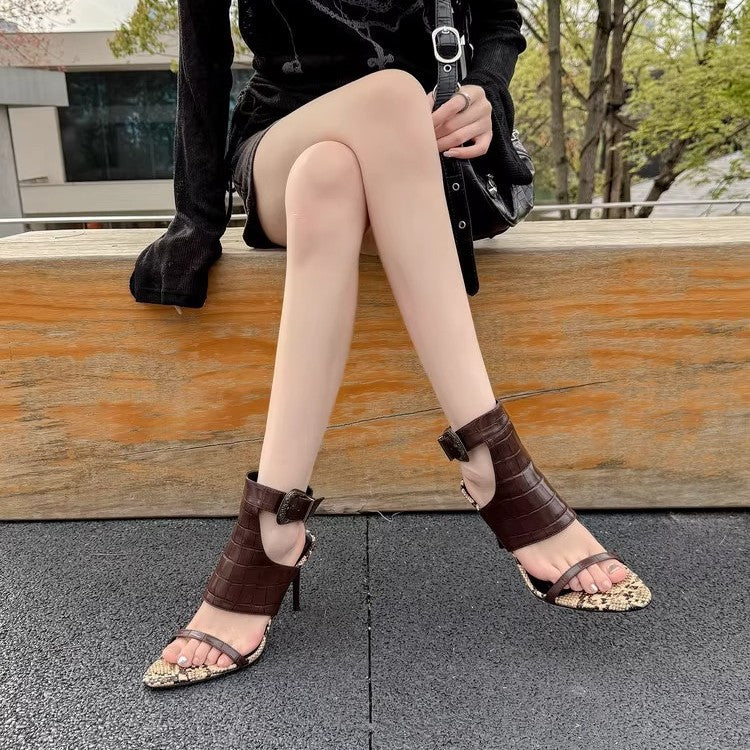 European and American Fashion Black Elegant High Heels Sexy Goddess Style with Skirt Fashion Shoes Pointed Toe Stiletto Open Toe Sandals