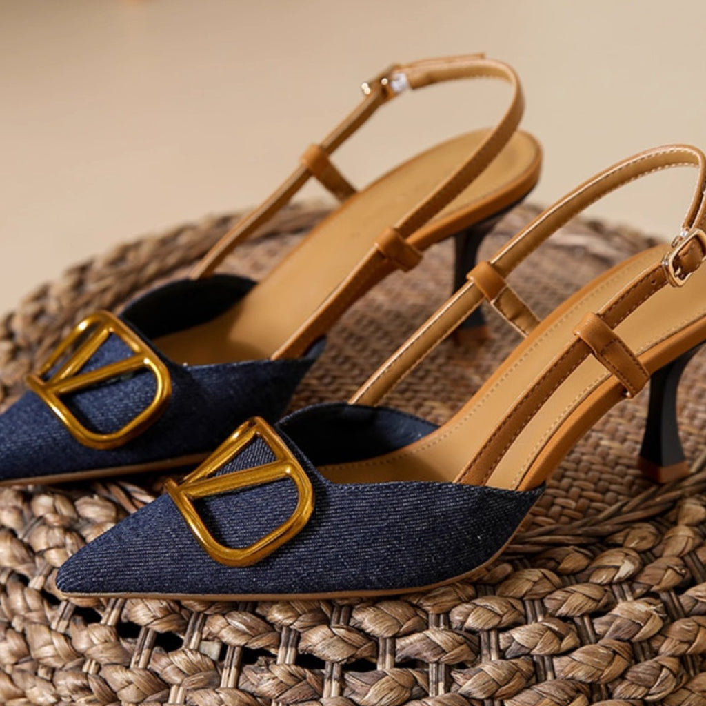 2024 New Summer High Heels Women's Stiletto Heel Pointed Toe Sandals V Buckle Back Empty French Sandals