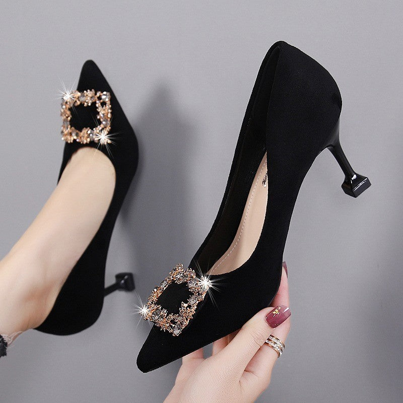 New Black Versatile Wine Glass and Elegant Professional High Heels Women's Stiletto Pointed Toe French Work Shoes Work Shoes