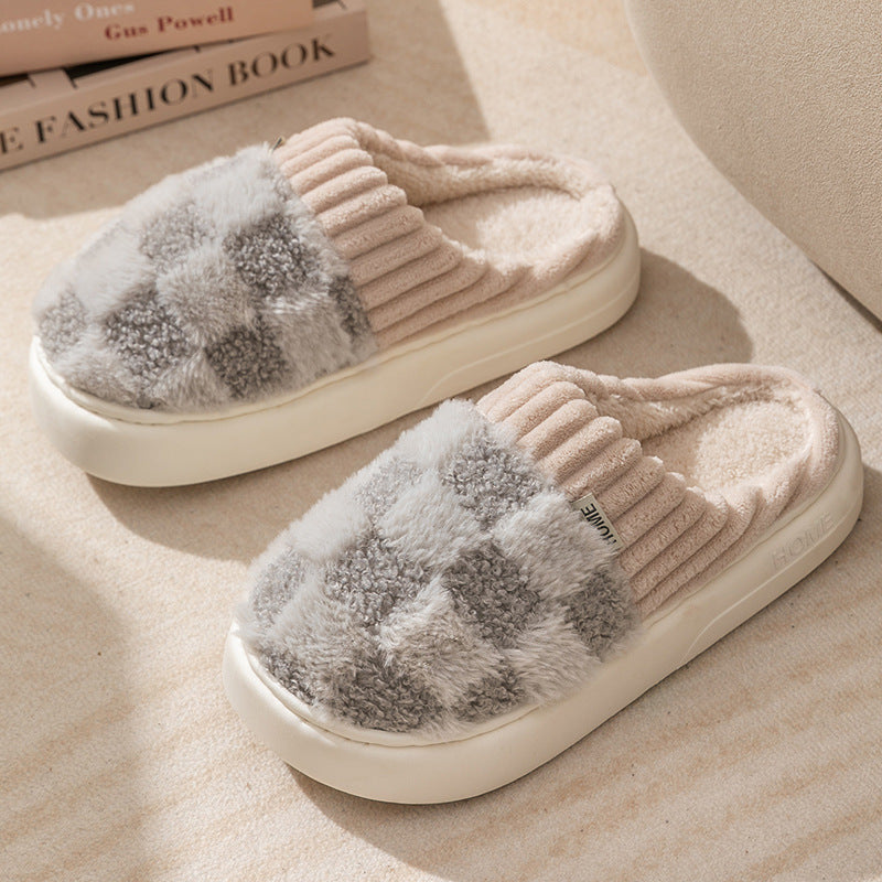 Plush Cotton Slippers for Women's Home Cotton Slippers Autumn and Winter Indoor Household Non-Slip Couple Slippers Men's Confinement Shoes Toe-Toe Shoes