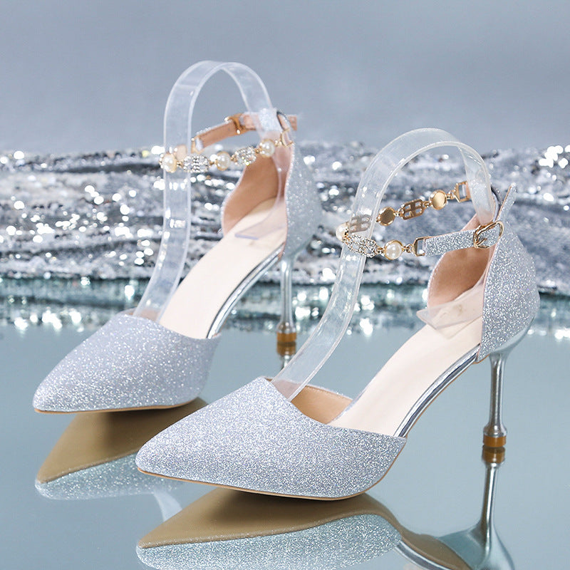 High Heels Women's 2025 Summer New Style Pointed Toe Shallow Mouth Stiletto Heel with Rhinestones Silver Bridal Wedding Shoes Sandals