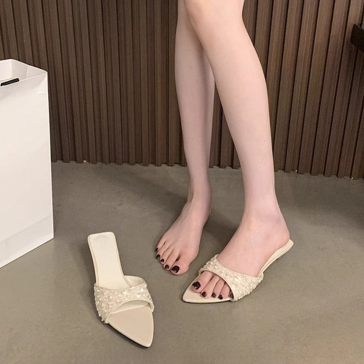New Kitten Heel High Heels, Sequined Sandals and Slippers with Skirts, French Style Slippers for Women to Wear Outside in Summer