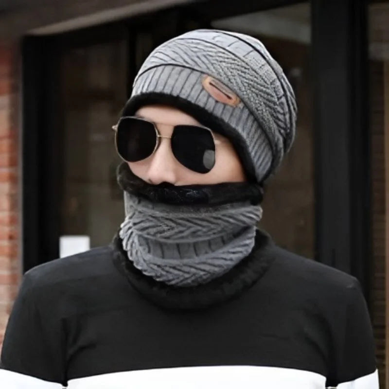 Winter Wool Cap with Neck Warmer Set | Thermal Beanie & Scarf Combo for Men and Women |  Gray