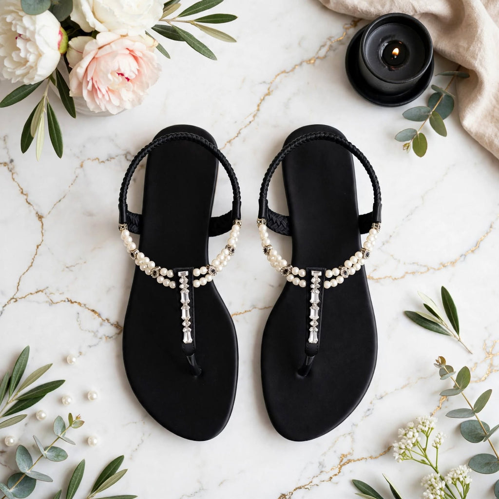 Pearl Elegance T-Strap Sandals