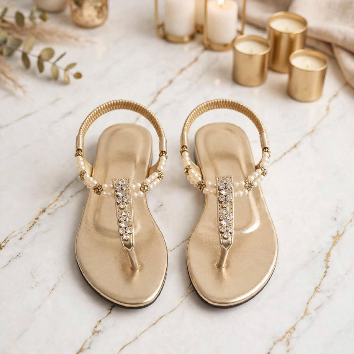 Pearl Elegance T-Strap Sandals