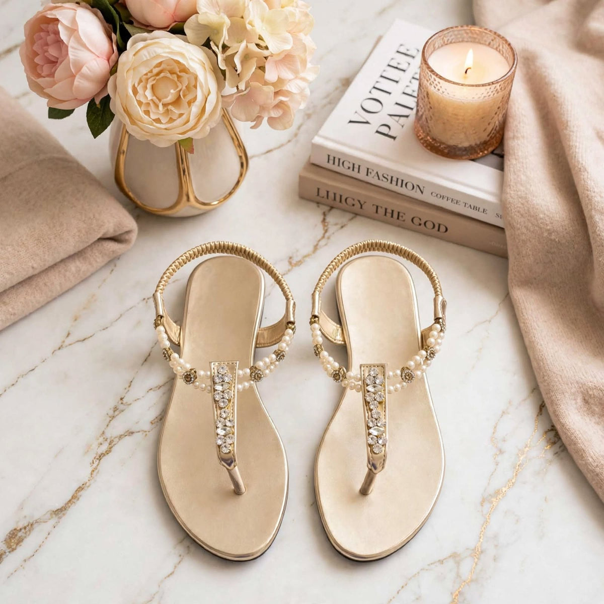 Pearl Elegance T-Strap Sandals