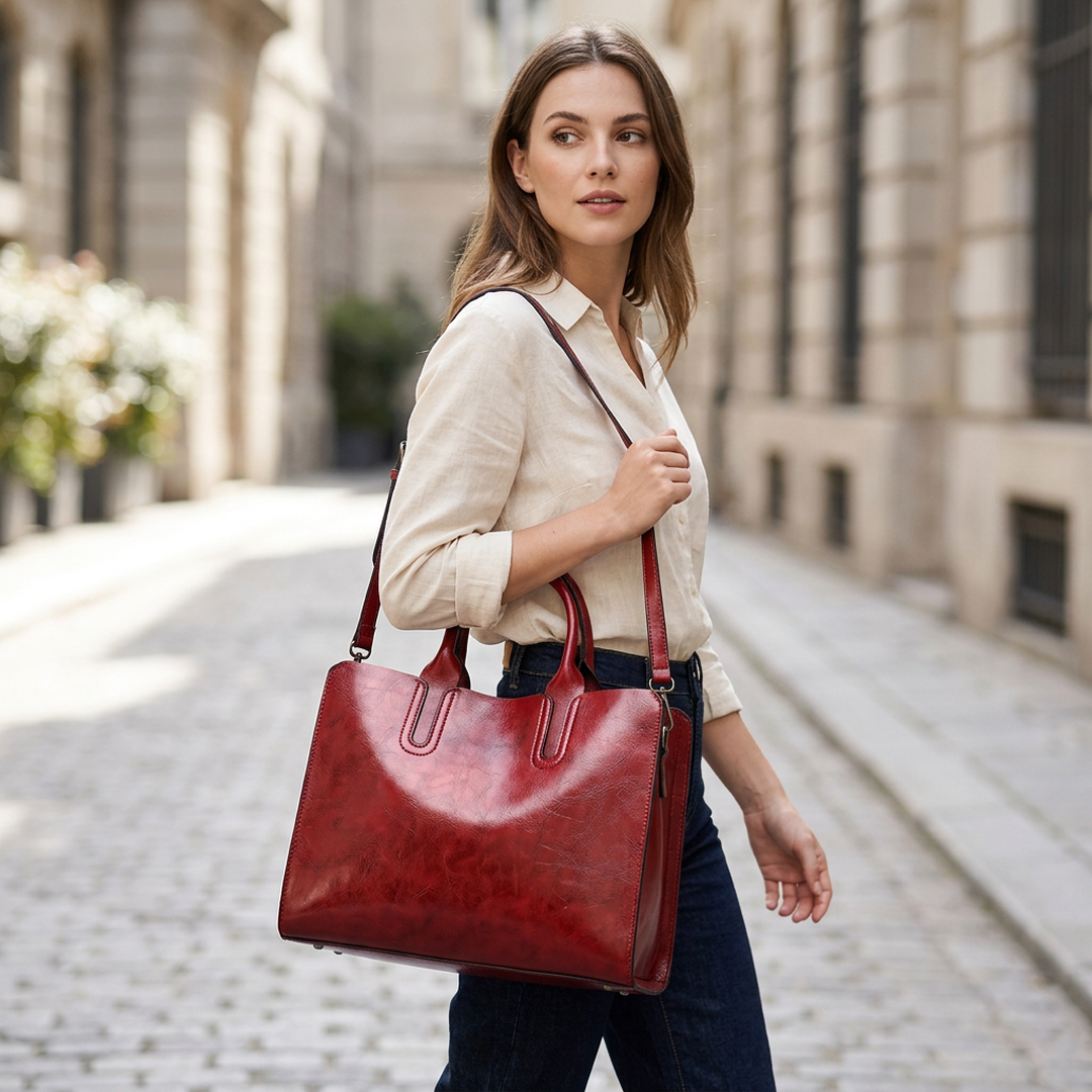 Blue Leather Shoulder Bag for Women Retro Style