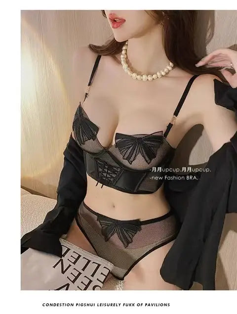 French Lace Bow Mesh Underwire Bra Set for Small Busts