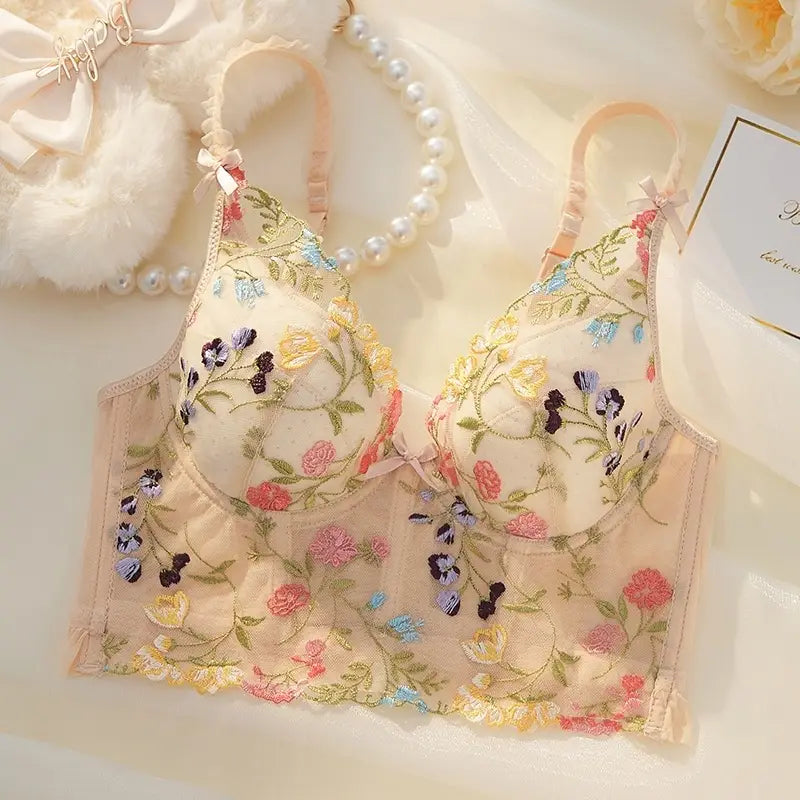 Transparent Embroidered Floral Sling Bra Non-Rimmed Small