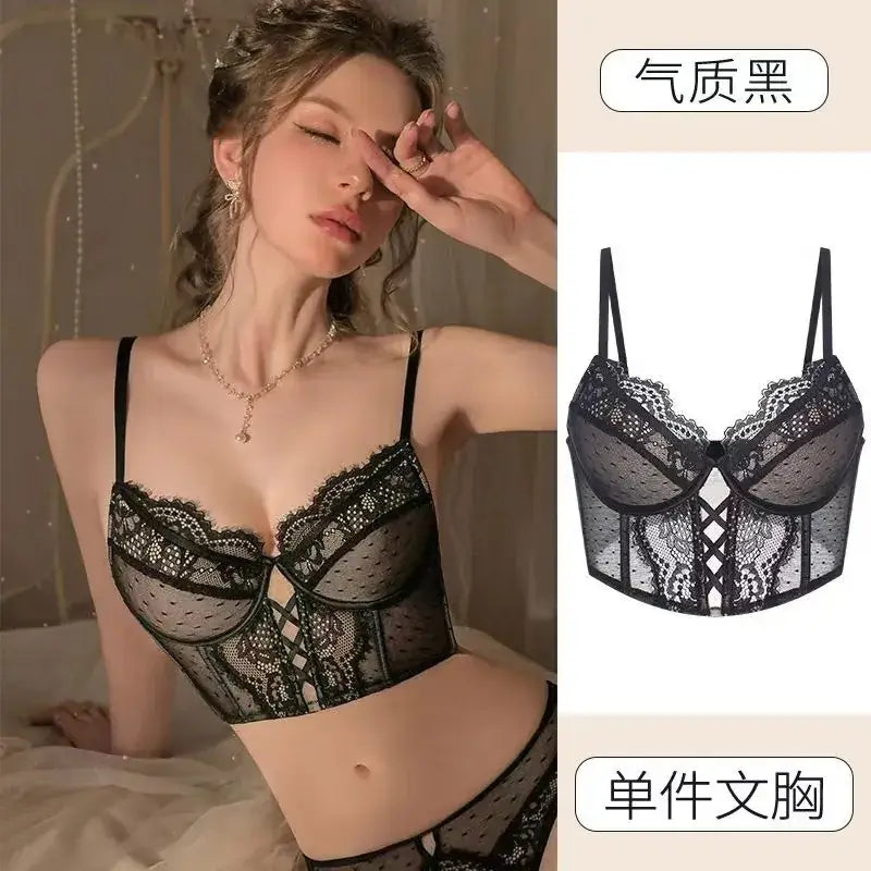 French Style Lace Cup Bra Set Black