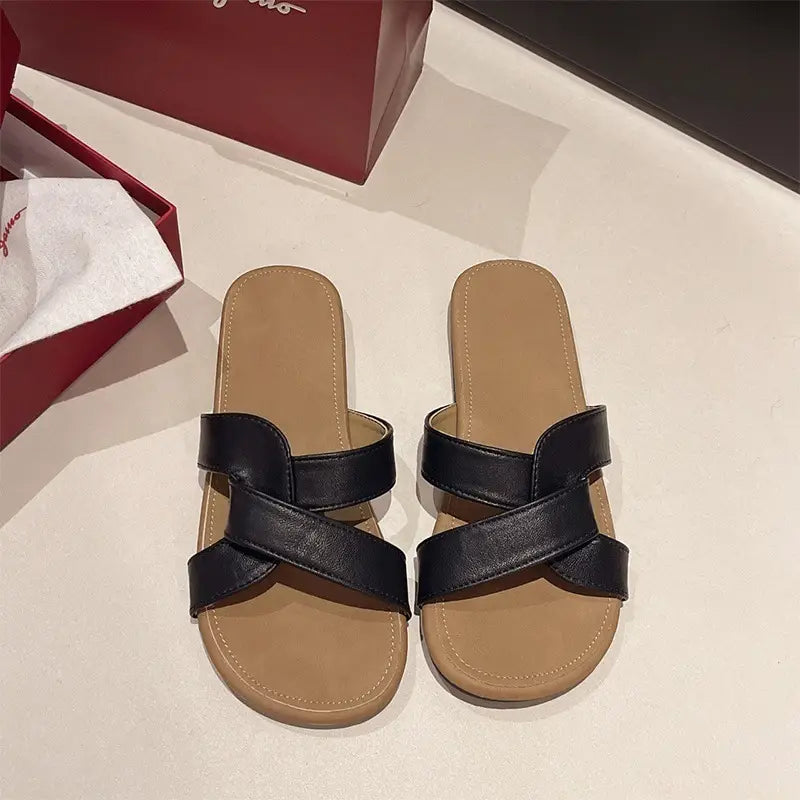 Women Cross Strap Flat Sandals Black Summer