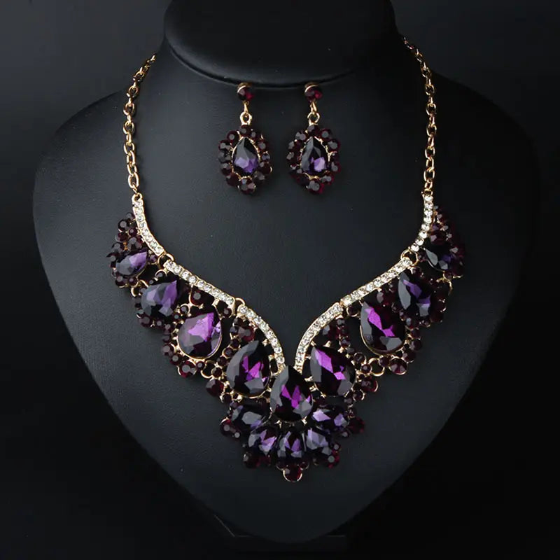 European & American Flash Crystal Gem Necklace Earrings Set