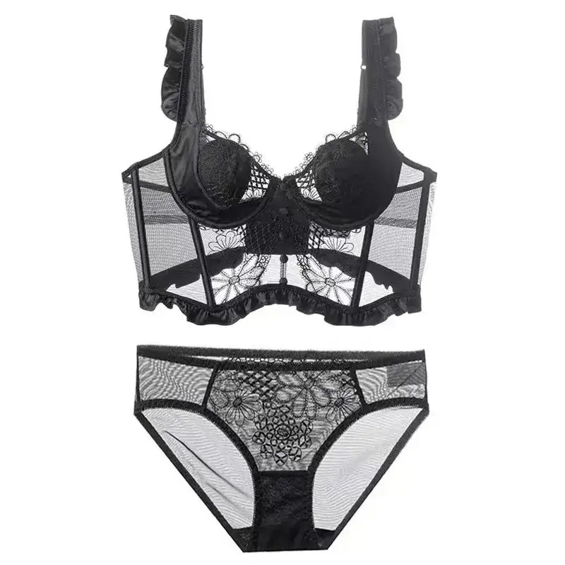 Black Lace French Waistcoat Bra Set for Women