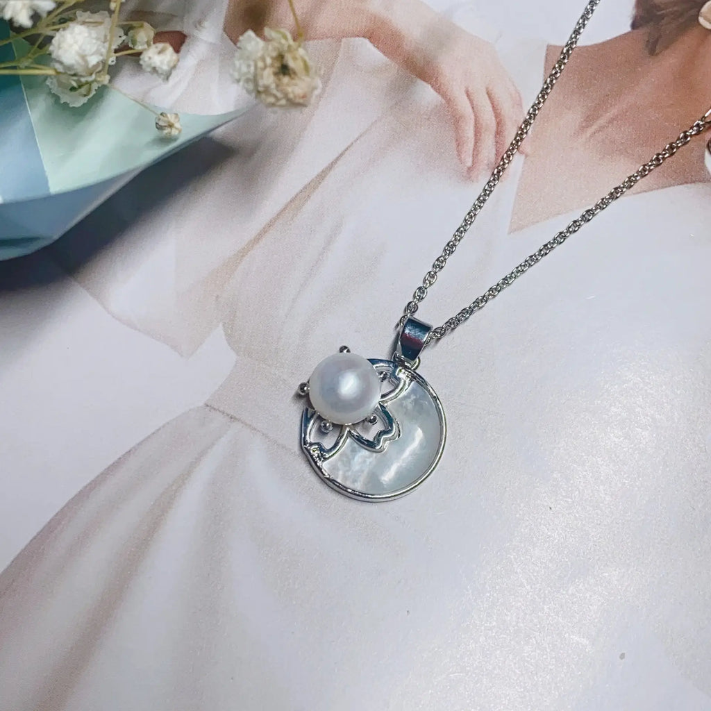 Women's Pearl Pendant Necklace with Balance Wood & Copper Bag