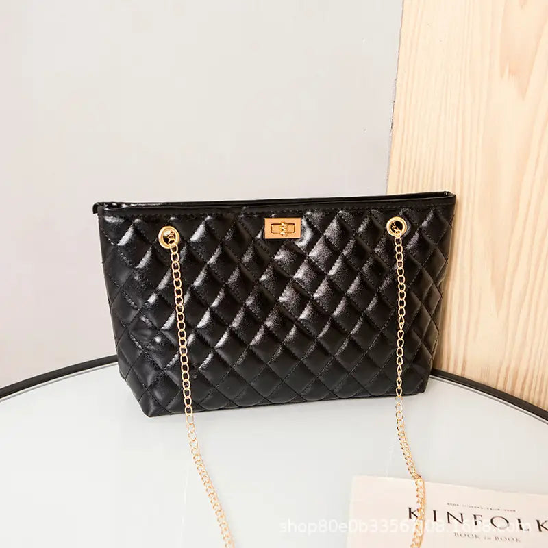 Black Quilted Women's Shoulder Bag with Gold Chain